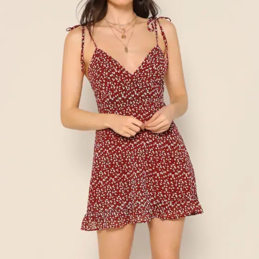 SHEIN Tie Shoulder Ruffle Hem Floral Print Dress